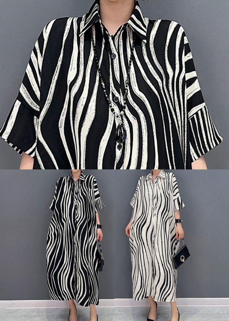 White Zebra Pattern Maxi Dress Oversized Turn-down Collar Summer Ly1589