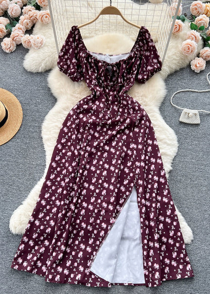 Wine Red Print Cotton Long Dresses Square Collar Short Sleeve Tr029