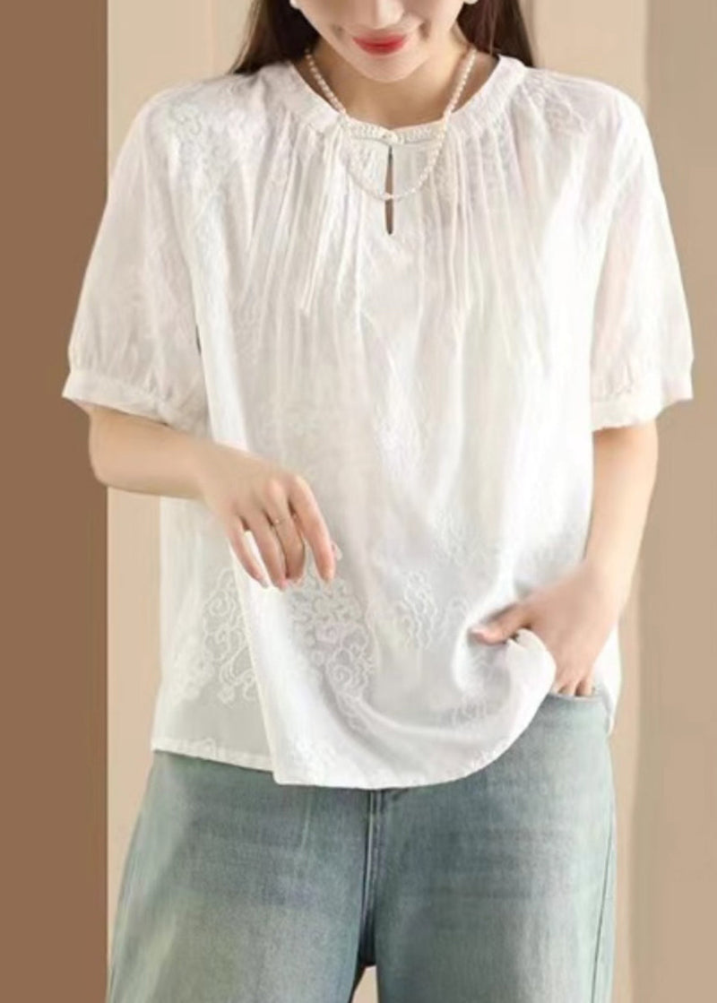 Apricot Embroidered Puff Sleeve Cotton Blouse Top Uu050