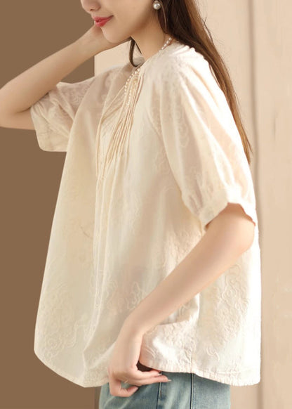 Apricot Embroidered Puff Sleeve Cotton Blouse Top Uu050