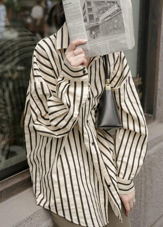 Apricot Striped Button Patchwork Cotton Blouse Fall Tu030
