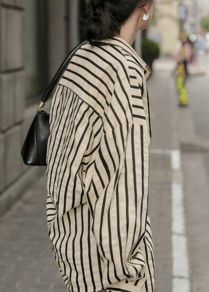 Apricot Striped Button Patchwork Cotton Blouse Fall Tu030