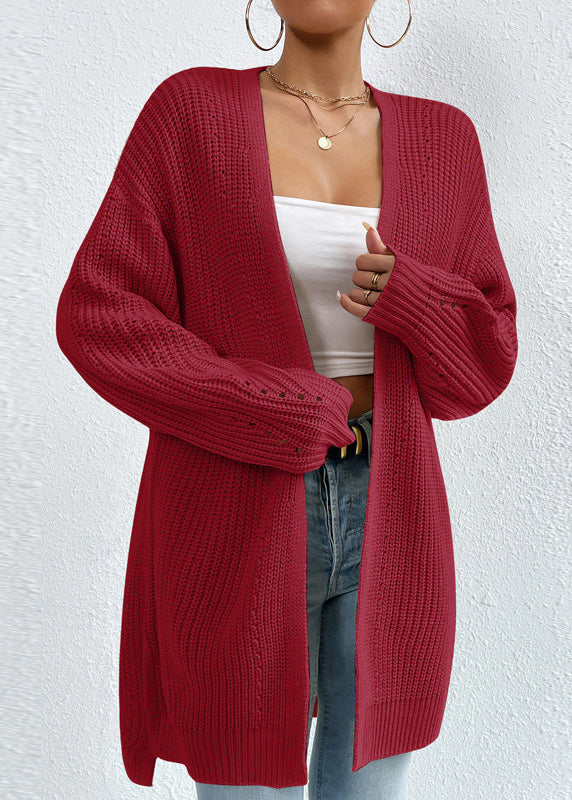 Apricot V Neck Loose Mid Knit Cardigan Fall Qy011