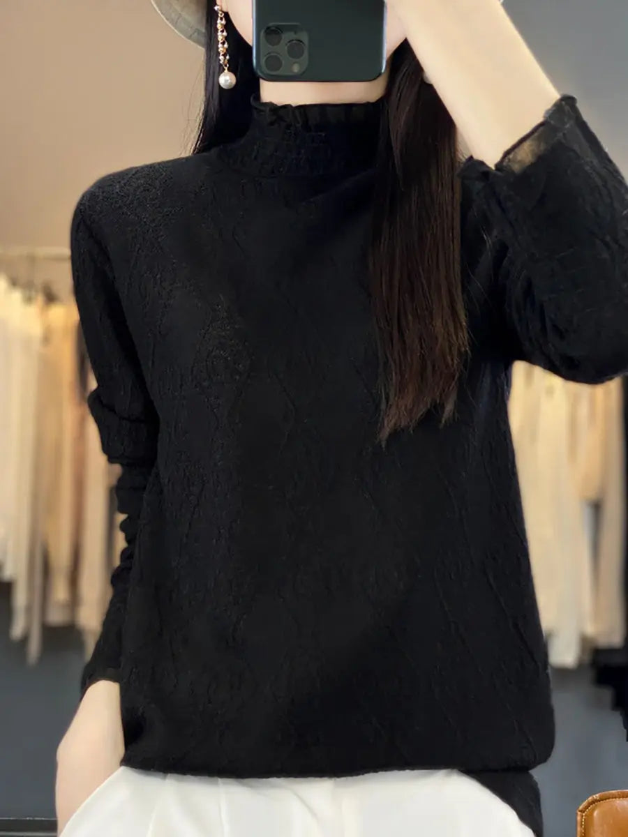 Lacework Knitted Half-turtleneck Blouse