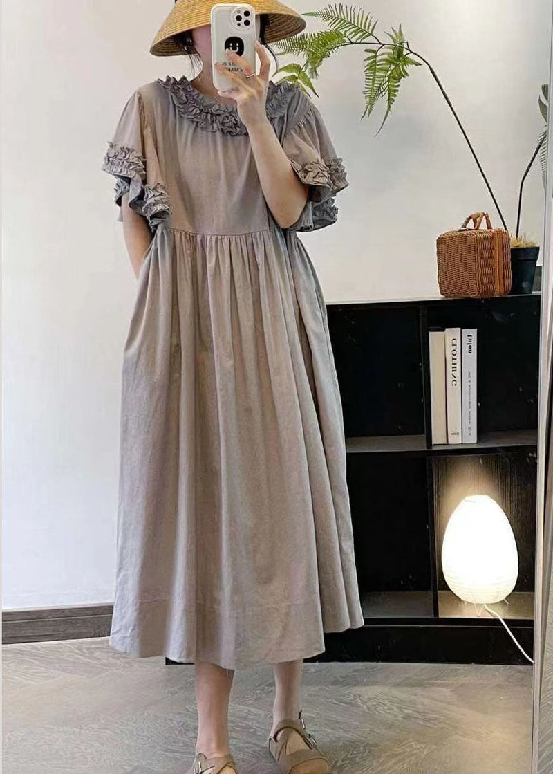 Beige Ruffled Patchwork Cotton Long Dresses Summer Ff008