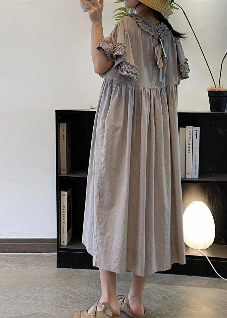 Beige Ruffled Patchwork Cotton Long Dresses Summer Ff008