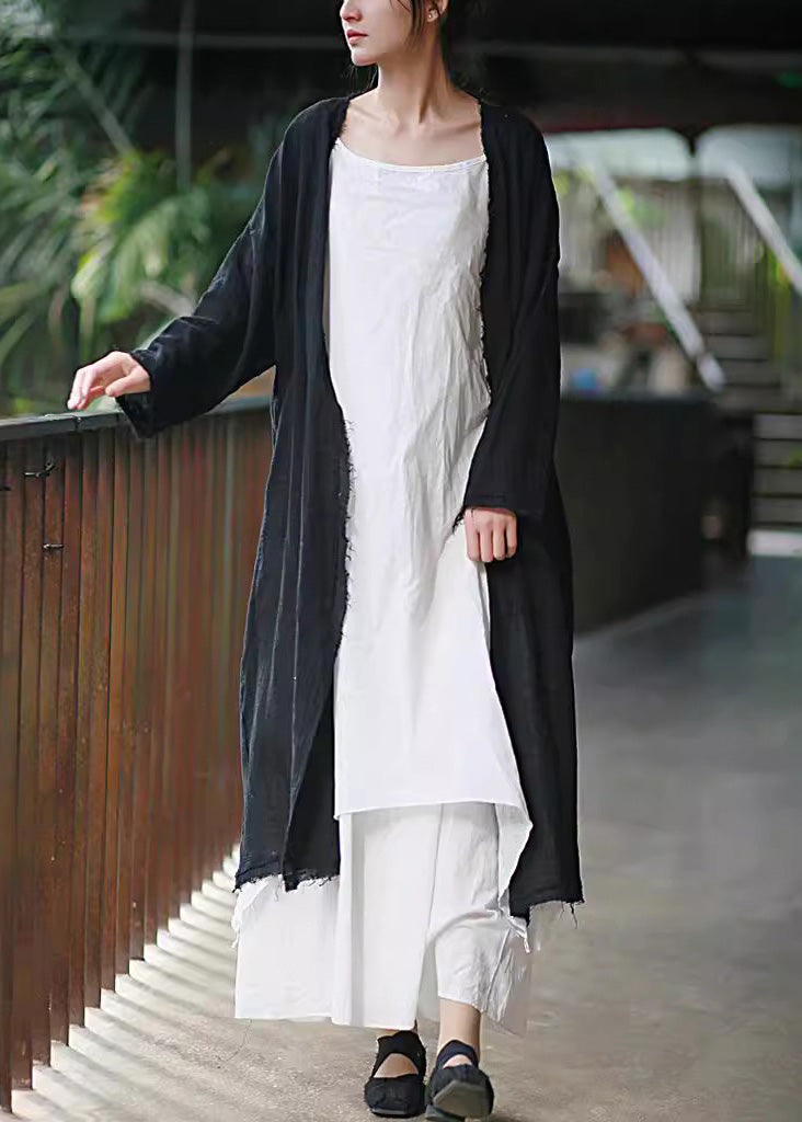 Beige Tasseled Pockets Linen Cardigan Long Sleeve Lk007