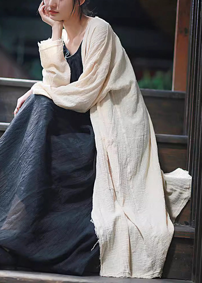 Beige Tasseled Pockets Linen Cardigan Long Sleeve Lk007