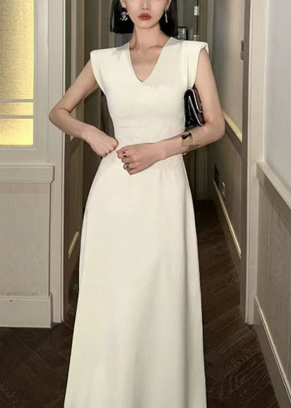 Beige V Neck Cotton Long Dresses Sleeveless Zl019