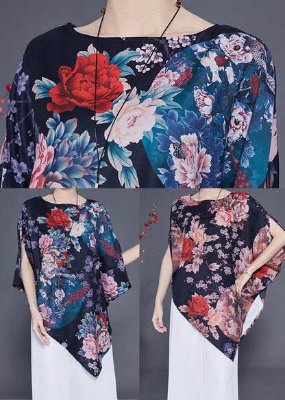 Navy Print Silk Blouse Top Asymmetrical Batwing Sleeve Ly1854