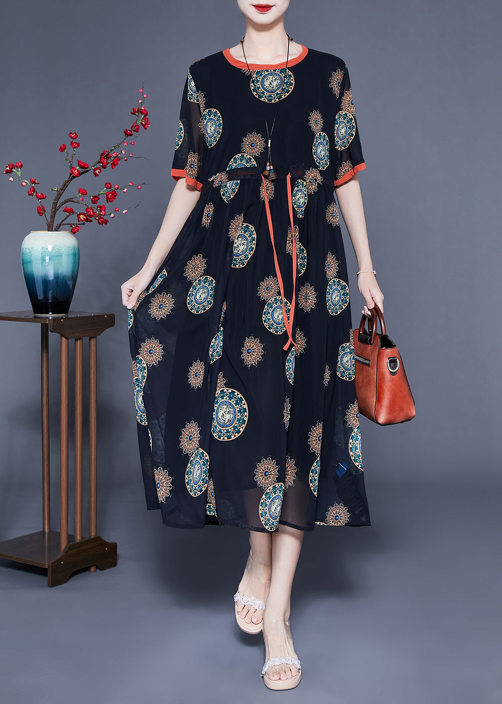Black Cinched Print Chiffon Long Dress Summer Lc0411