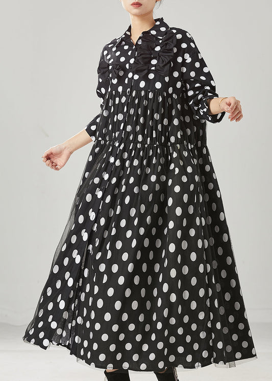 Black Dot Print Bow Tullle Long Dresses Spring Yu1005