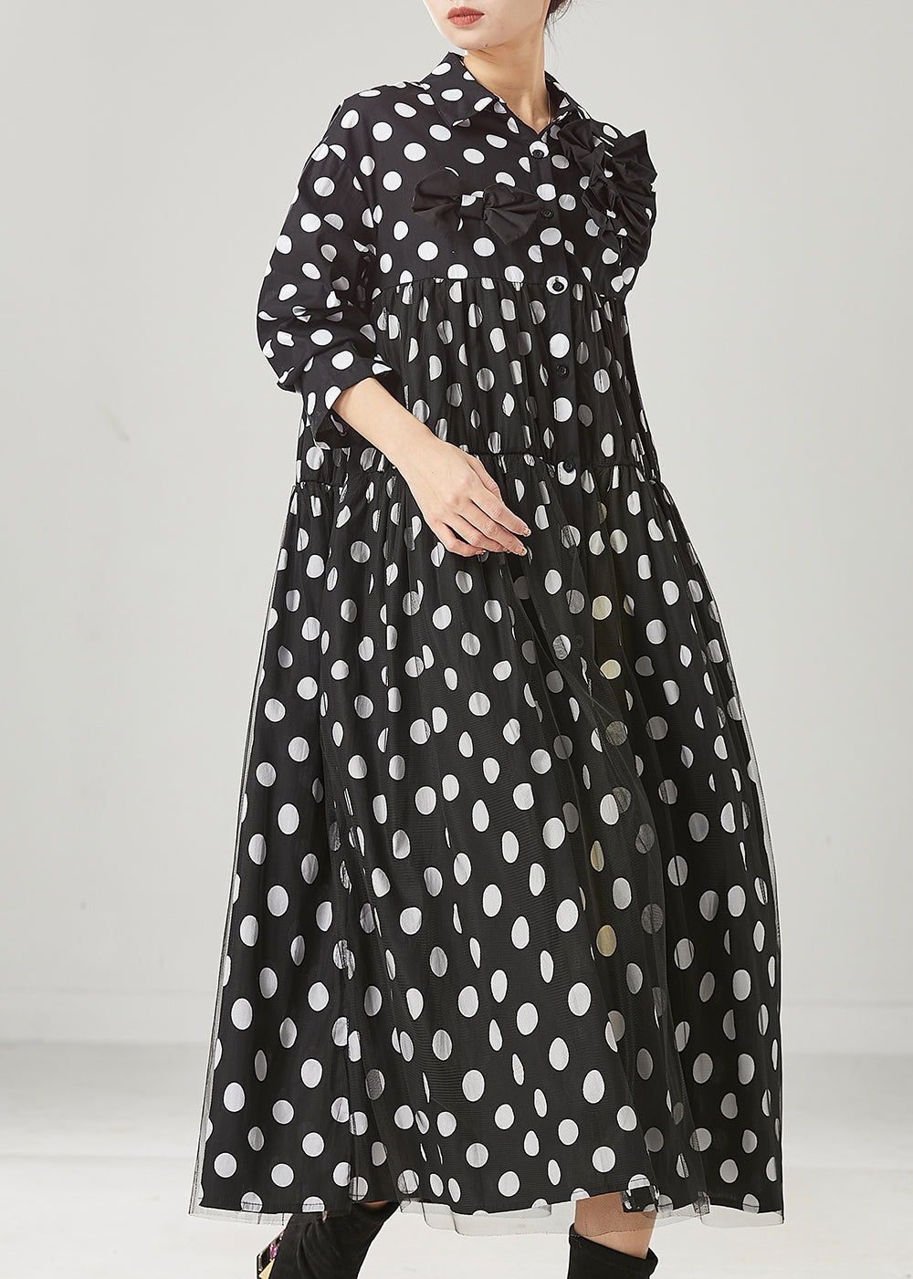 Black Dot Print Bow Tullle Long Dresses Spring Yu1005