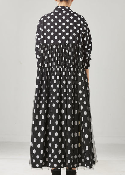 Black Dot Print Bow Tullle Long Dresses Spring Yu1005