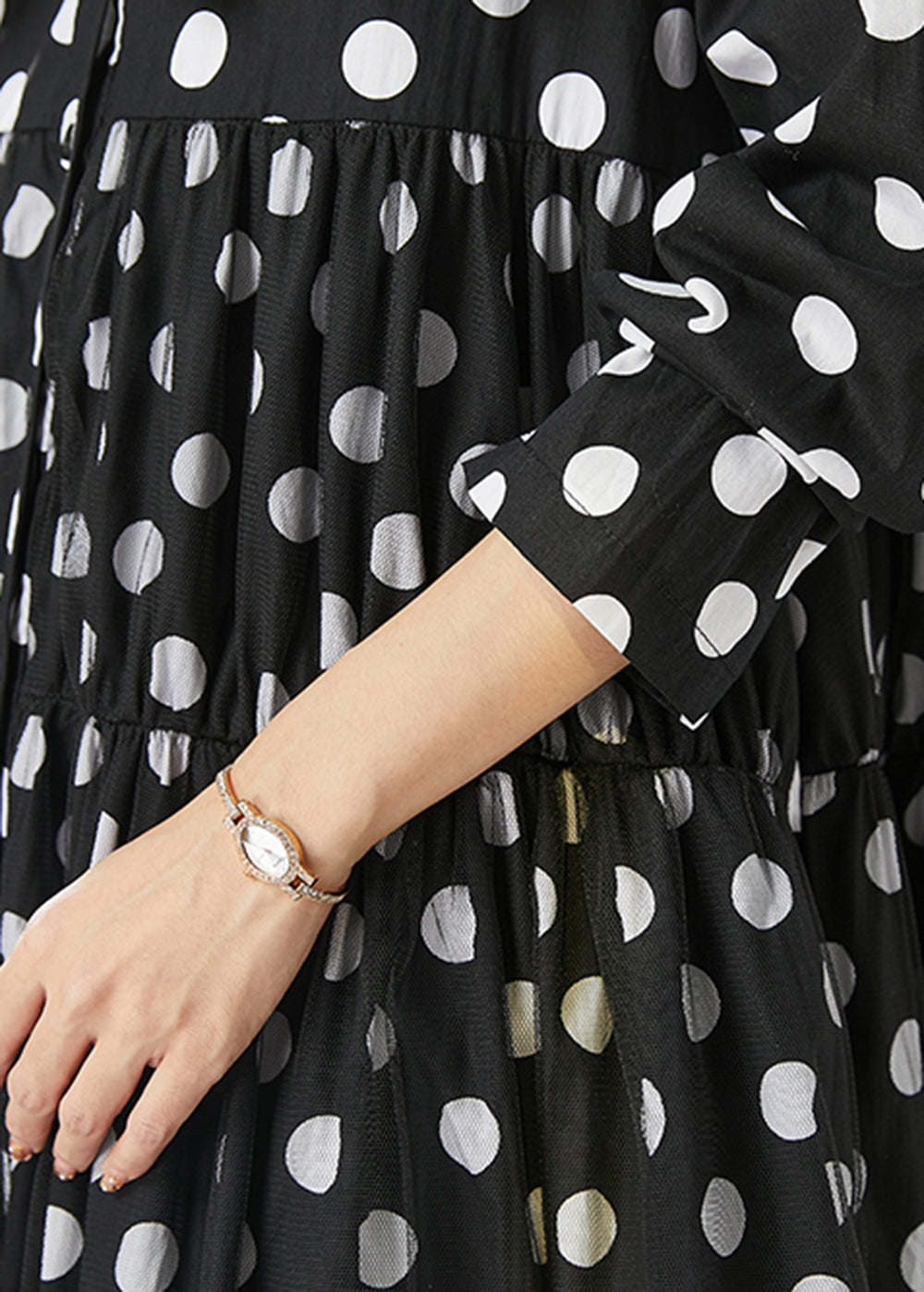 Black Dot Print Bow Tullle Long Dresses Spring Yu1005