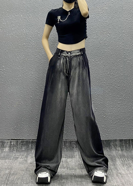 Black Grey Pockets Patchwork Denim Wide Leg Pants Fall Ri008