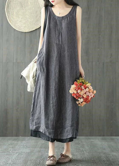 Black O Neck Pockets Linen Long Dresses Sleeveless Ff064