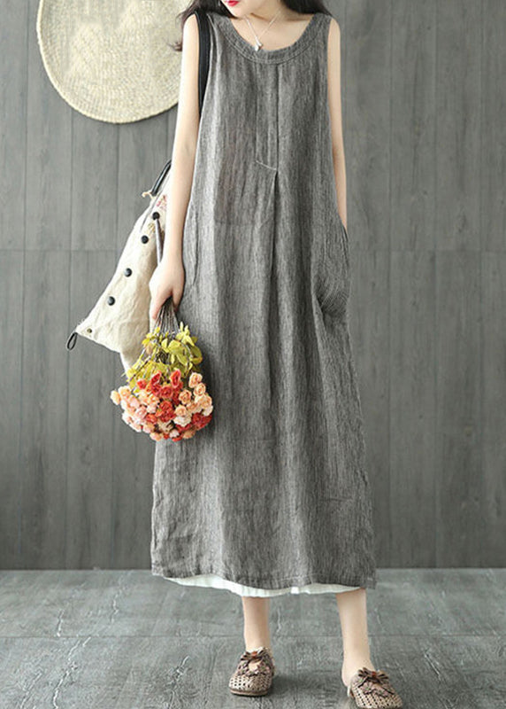 Black O Neck Pockets Linen Long Dresses Sleeveless Ff064