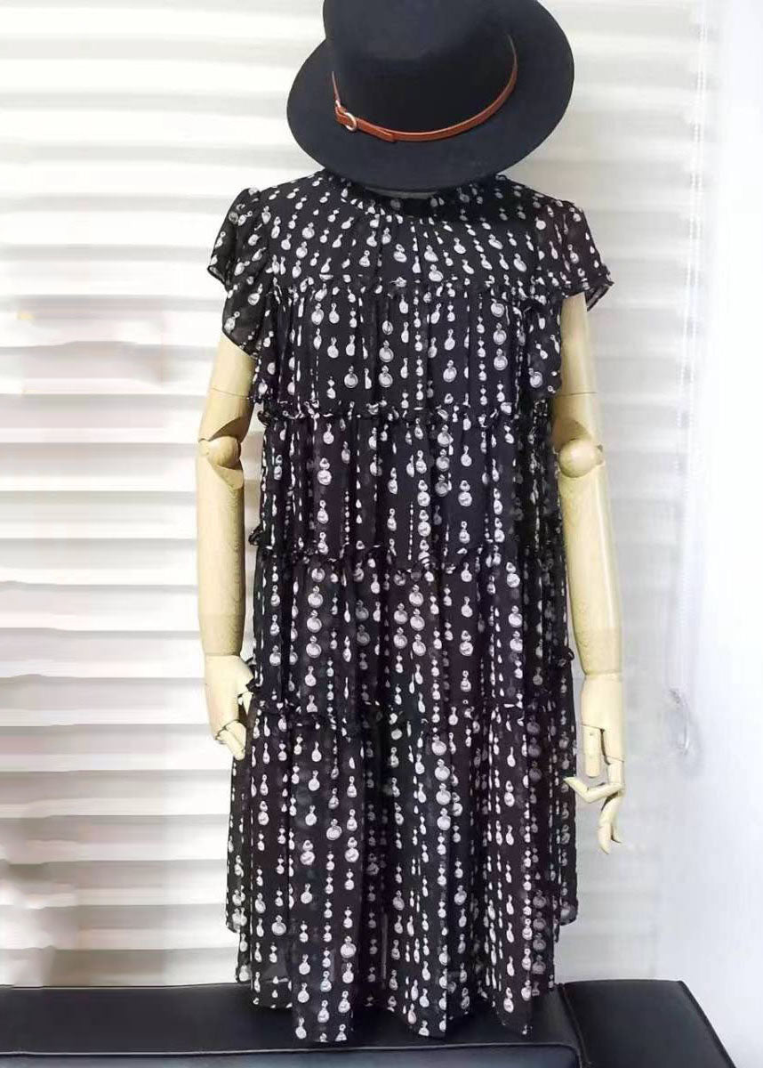 Black O-neck Ruffled Patchwork Dot Print Long Dress Short Sleeve Vb1055