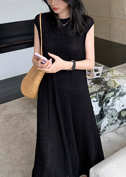 Black O-neck Knit Long Dresses Summer Zl010