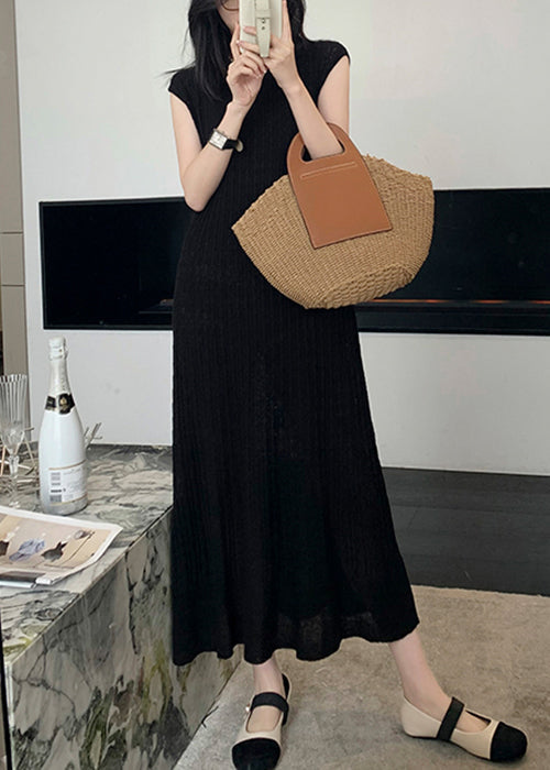 Black O-neck Knit Long Dresses Summer Zl010