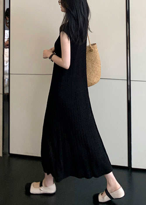 Black O-neck Knit Long Dresses Summer Zl010