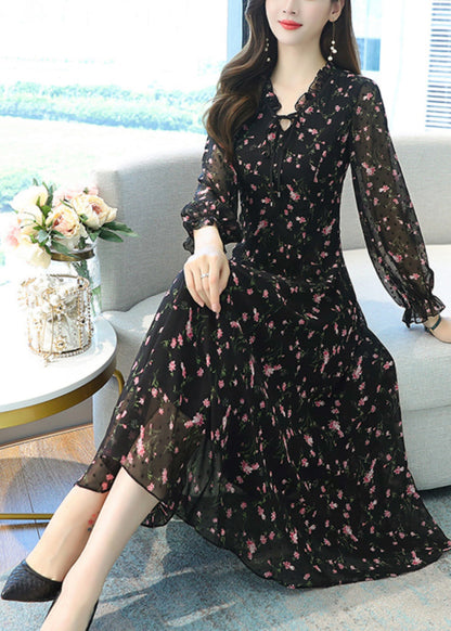 Black Ruffled Print Chiffon Long Dress Spring Oo022