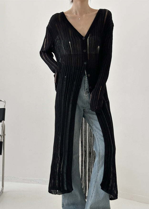 Black V Neck Hollow Out Ice Silk Knit Cardigan Fall Ry009