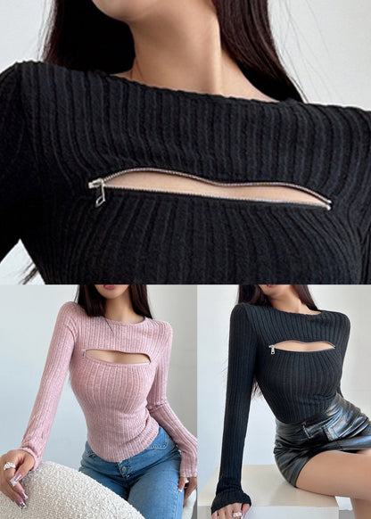 Pink Hollow Out Knit Fall Sweaters Zip Up Al1052