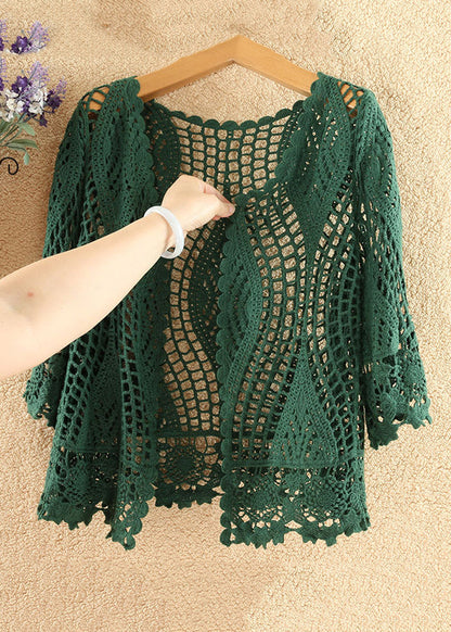 Blackish Green Hollow Out Cotton Knit Cardigan Summer As1029