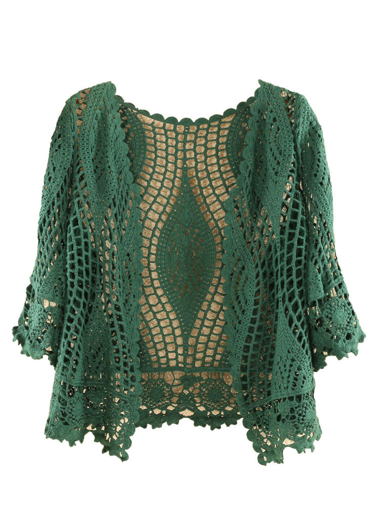 Blackish Green Hollow Out Cotton Knit Cardigan Summer As1029