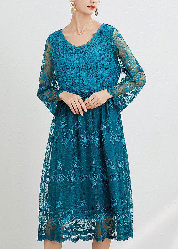 Blue O Neck Embroideried Patchwork Long Dresses Spring Ly0004