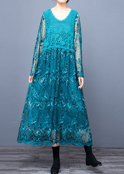 Blue O Neck Embroideried Patchwork Long Dresses Spring Ly0004
