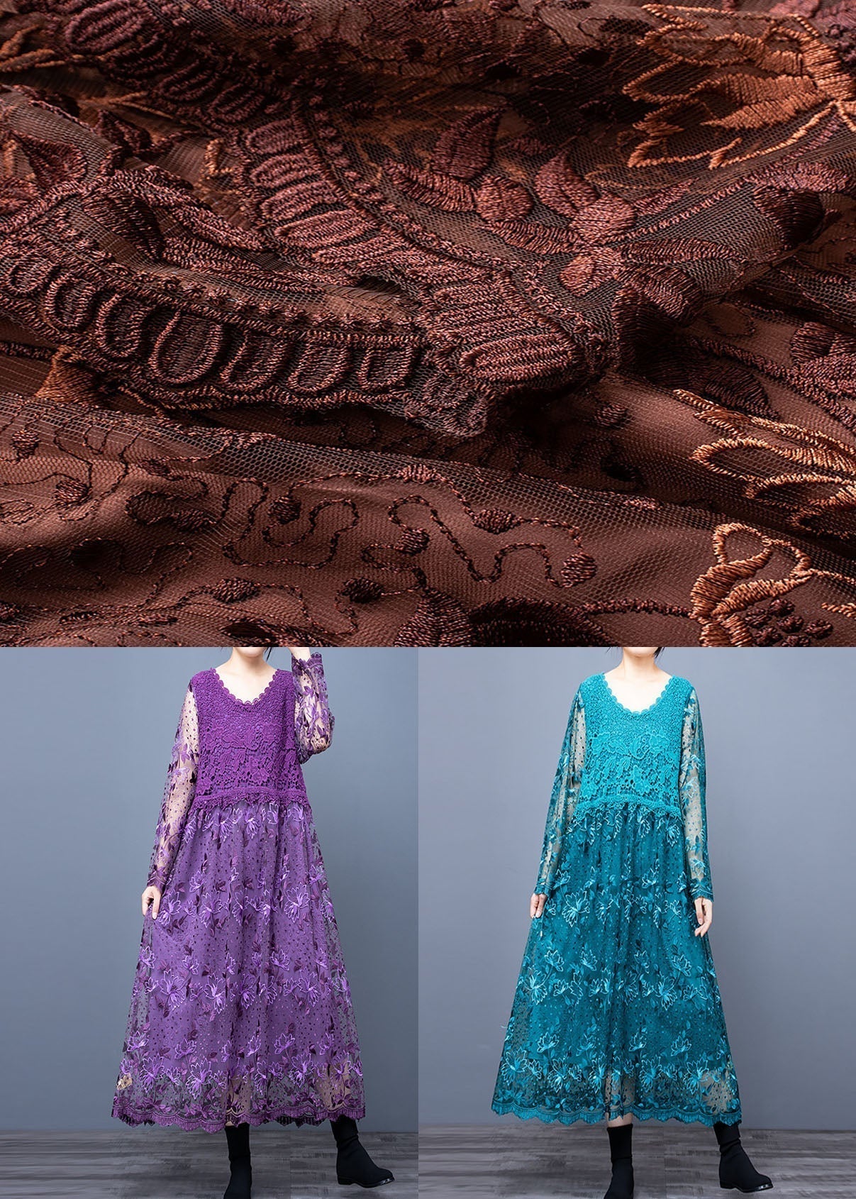 Blue O Neck Embroideried Patchwork Long Dresses Spring Ly0004