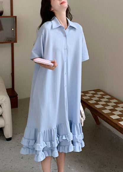 Pan Collar Blue Short Ruffled Peter Maxi Dress Patchwork