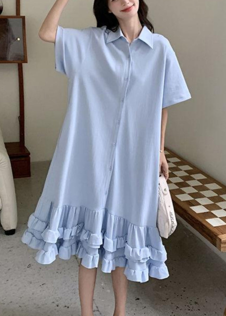 Pan Collar Blue Short Ruffled Peter Maxi Dress Patchwork
