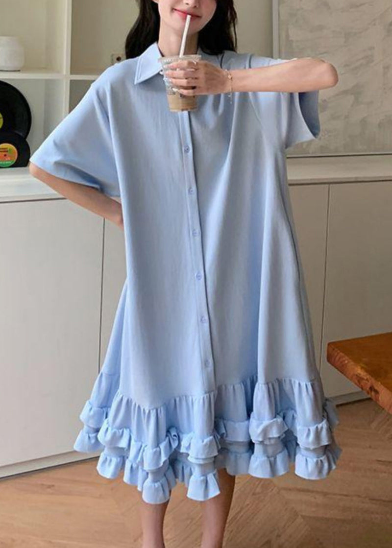Pan Collar Blue Short Ruffled Peter Maxi Dress Patchwork