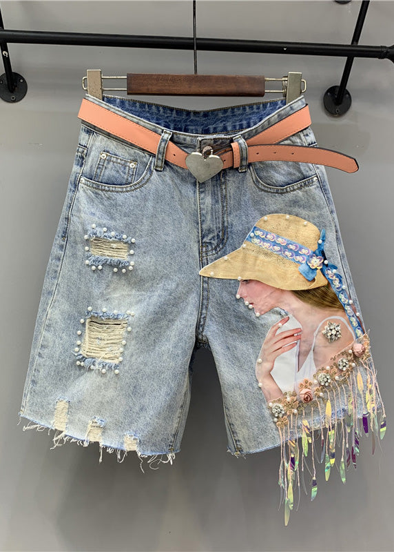 Blue Print Nail Bead Tassel Ripped Shorts Ty1021