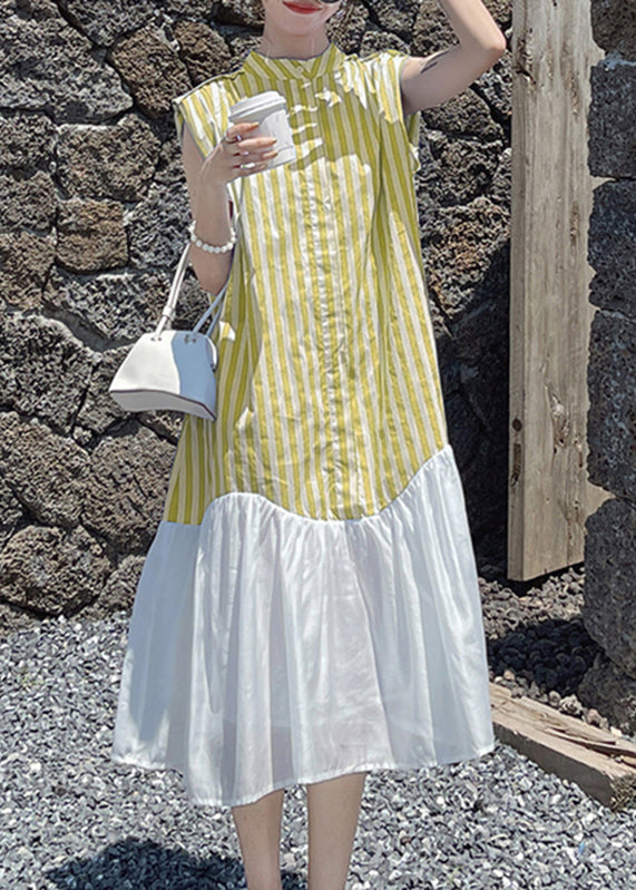 Blue Striped Patchwork Button Chiffon Long Dress Summer Uu1034