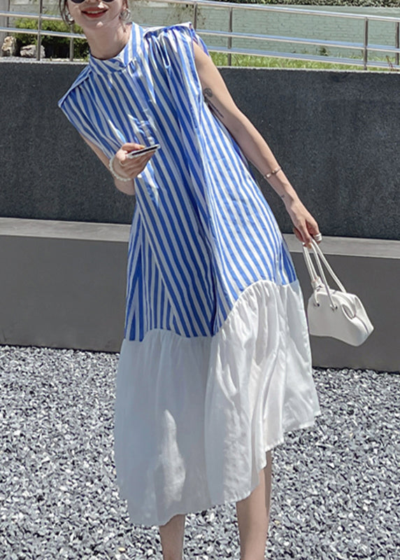 Blue Striped Patchwork Button Chiffon Long Dress Summer Uu1034