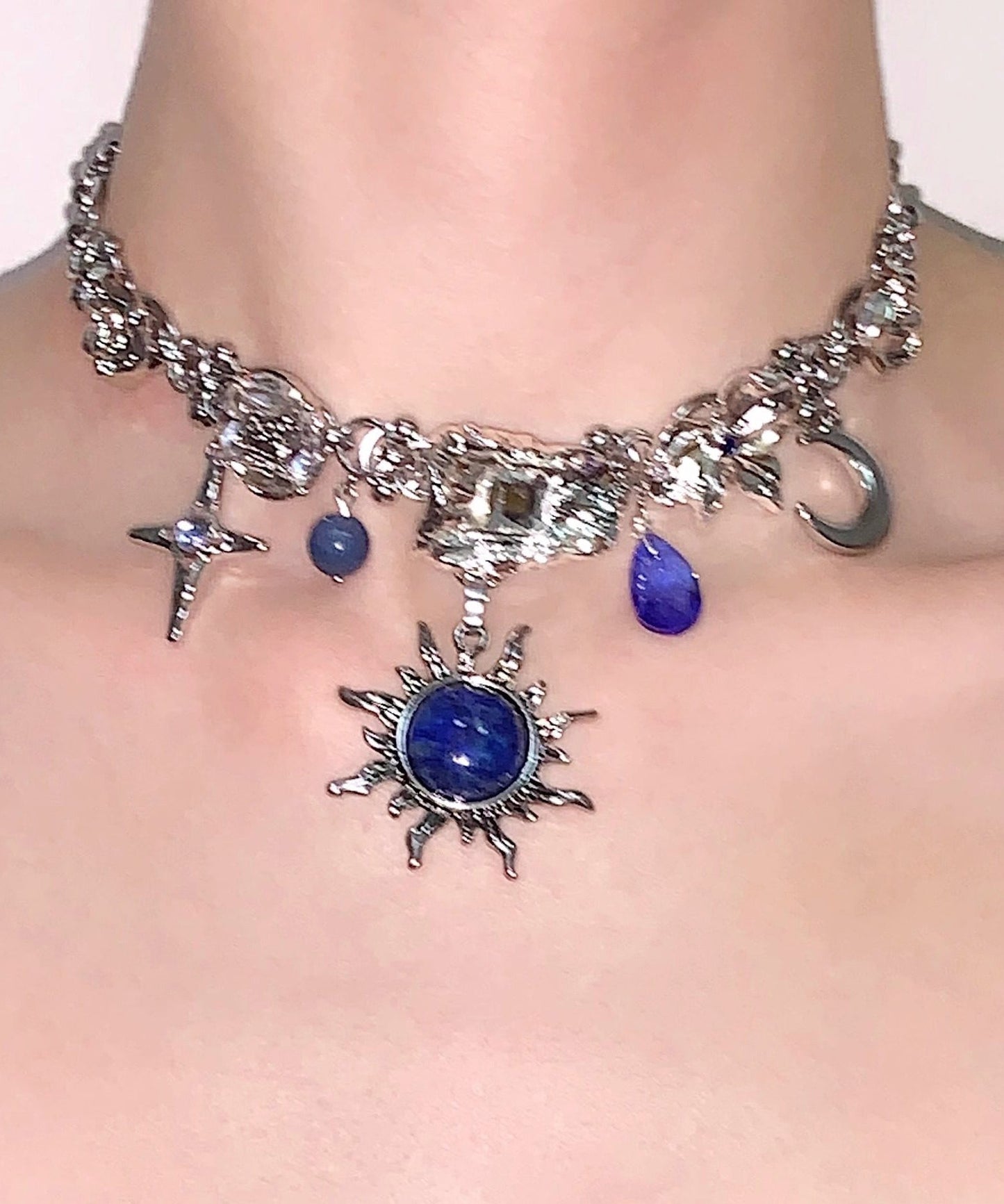 Blue Sun Zircon Moon Alloy Pendant Choker