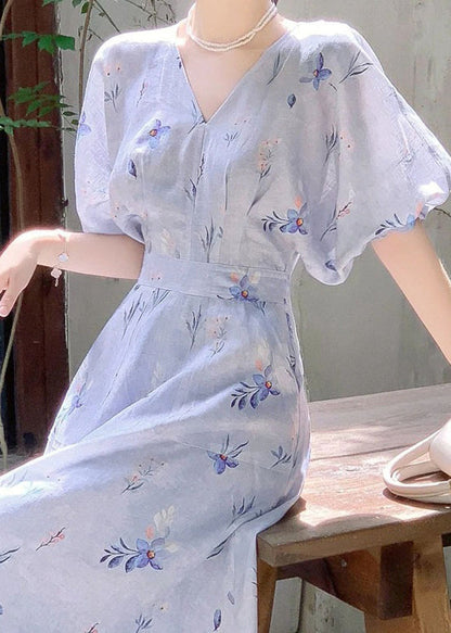 Blue V Neck Print Cotton Long Dress Summer Kj006