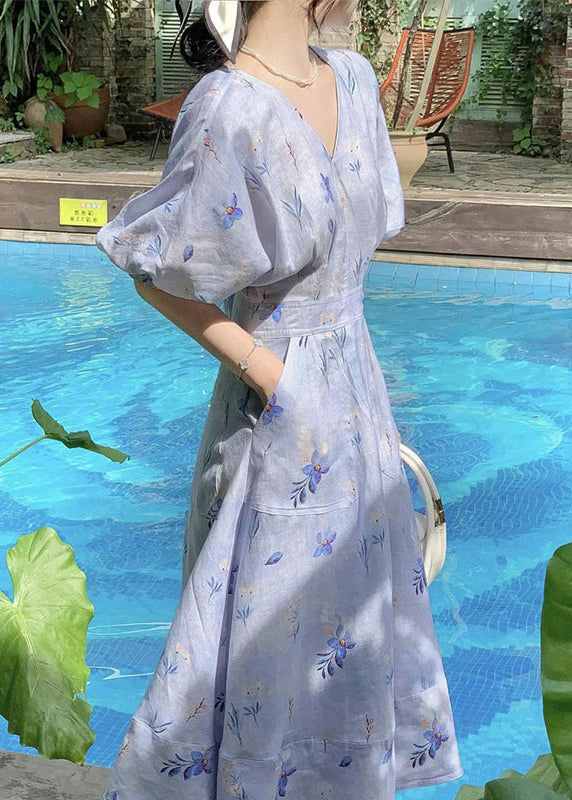 Blue V Neck Print Cotton Long Dress Summer Kj006