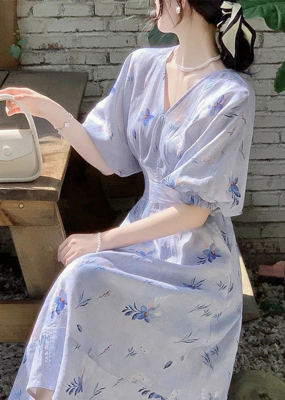 Blue V Neck Print Cotton Long Dress Summer Kj006