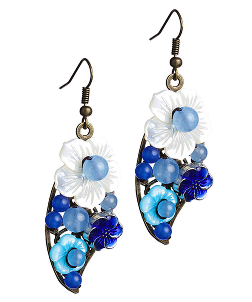Blue White Copper Shell Flower Chalcedony Cloisonne Drop Earrings
