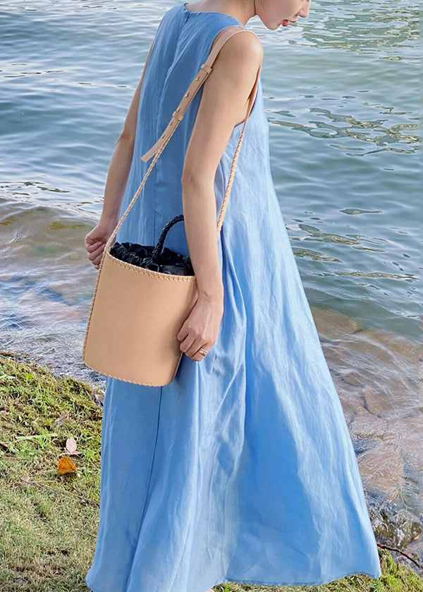 Blue Zip Up Cotton Maxi Dress Sleeveless Xx084