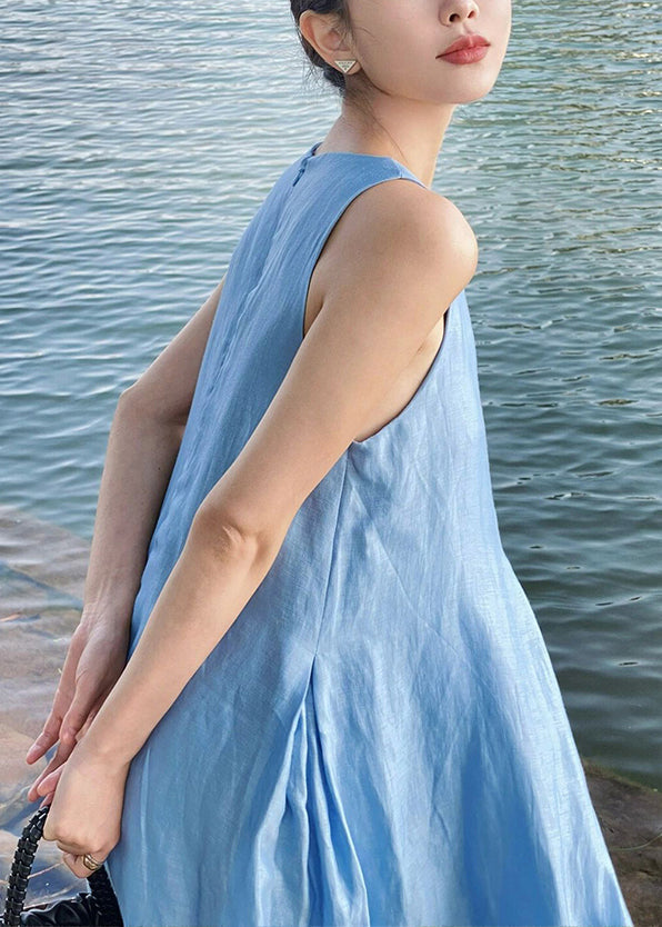 Blue Zip Up Cotton Maxi Dress Sleeveless Xx084