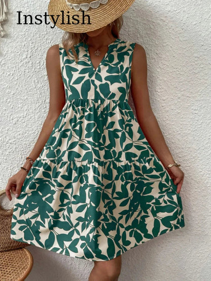 Print Mini Sleeveless Ruffle a Line Tank Beach Midi Dresses