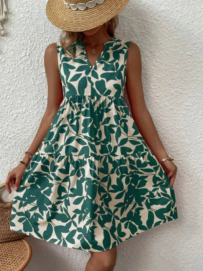 Print Mini Sleeveless Ruffle a Line Tank Beach Midi Dresses