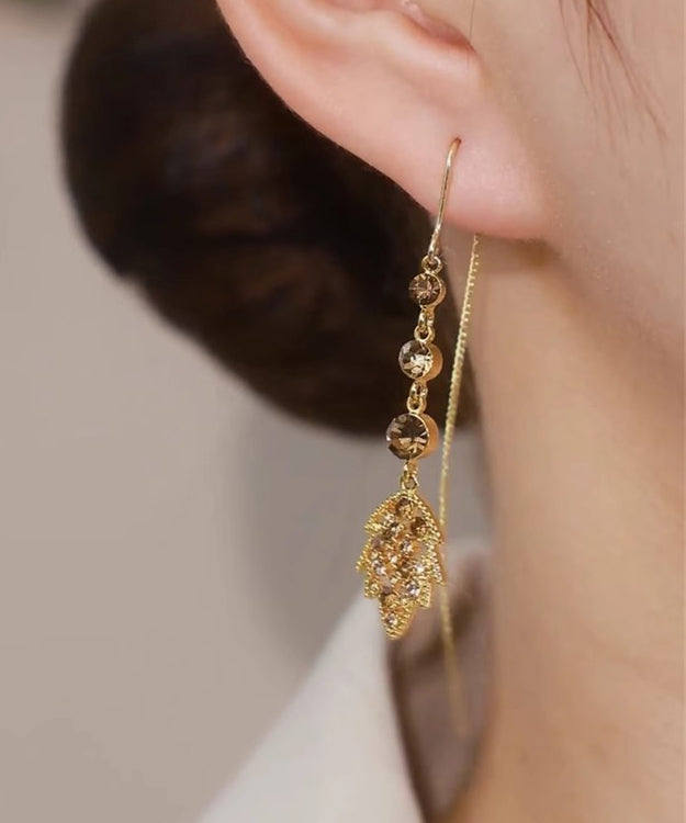 Brown Alloy Zircon Leaves Tassel Drop Earrings